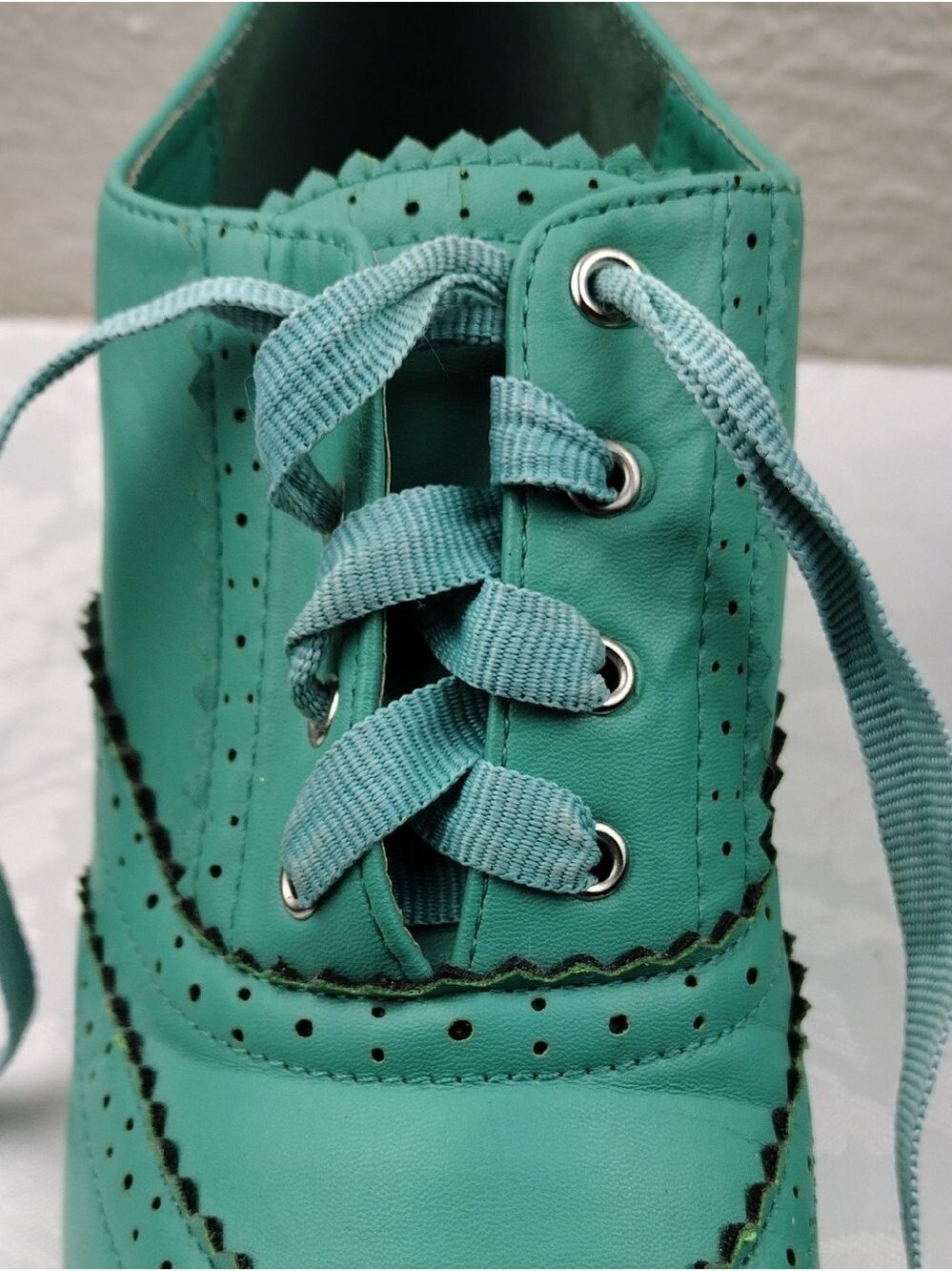 Machi Coca-01 Teal Leather Lace Up Scalloped Upper Heeled 1930 Style Oxford Shoe - Picture 14 of 16
